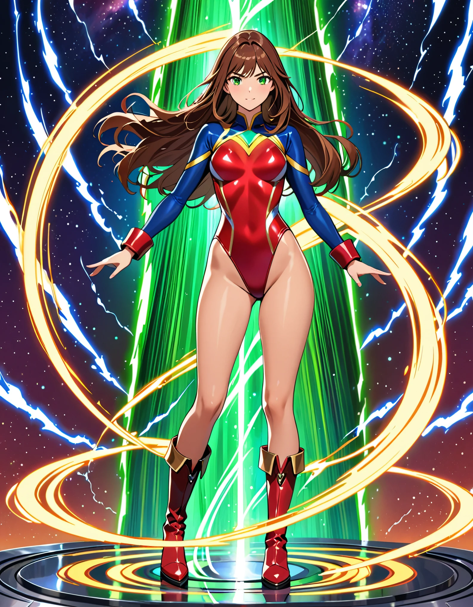 (masterpiece), (best quality), (high res), 1lady, tall body, finger proportions coordination, highly detailed, professional, beautiful detailed eyes, beautiful detailed face, perfect hands, complete fingers, perfect anatomy, perfect proportions, ((brown hair, medium hair, hair down)), ((green eyes)), ((leotard, (red leotard), matching leotard)), (bare legs), (boots, matching boots, knee-high boots, yellow boots), breasts, medium breasts, looking at viewer, solo, solo focus, cowboy shot, space backdrop, ((fastened tight belt)), (blue sleeves, yellow cuffs), ((yellow hawk /(symbol/)) on chest), full body costume design. (T-pose, legs close together). (fast spin, dynamic spin pose, standing straight, spins fast in place like a tornado, whirls fast in place like a tornado, tornado whirling, spiral lines around her, speed lines around her, spinning energy pulse around her, storm winds around her, whirls into a tornado, (she whirls) in (super speeds)). full body costume design. curved sword slash. she super-spins. Whirlwind spinning, time travel, time warp.
