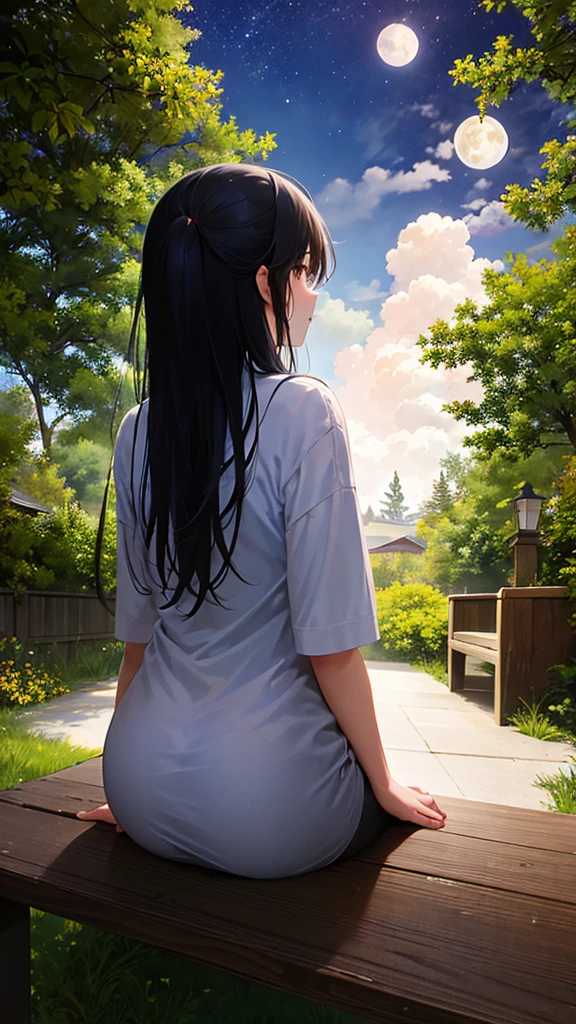 8k octane, Night Park、bench、sit、One girl,Scene looking up at the full moon。Surrounding trees々is enveloped in a pale light、Moonlight filtering through the leaves。benchの近くには少し遠くに街灯が灯っていて、Emphasizes a calm and quiet evening atmosphere。 One girl, Long Hair, Back view, Wide-angle shot,Black Hair, 