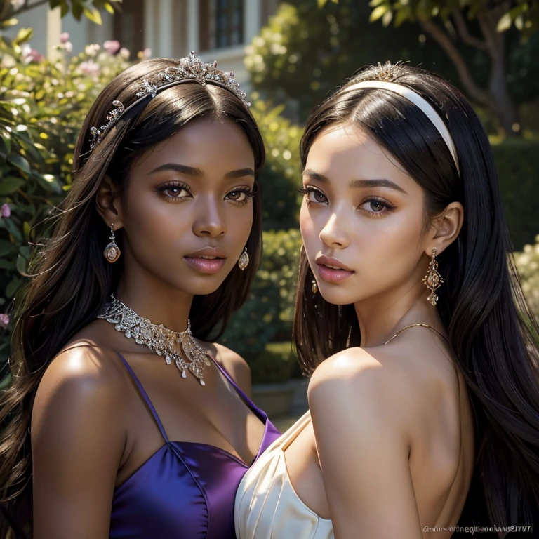 (​masterpiece, best quality:1.5), highest quality, High resolution, super detailed, Realists, Full body photo of black woman, black skin, long open straight hair, detailed and beautiful eyes, beautiful detailed lips, very detailed eyes and face, longeyelashes, Woman in purple and dark pink evening dress made of shiny satin fabric, Beautiful and colorful makeup, elegant and noble々Pose, Satin headbands and jewelry, Gardens as background, soft daylight, bright colors, fine brushstrokes, Portrait style, Plain dress fabric, beautiful color palette, glowing skin, First-class rendering, that captures every detail, enchanting atmosphere, subtle shadows and lights, (perfect anatomy:1.2), (Two stunning women with their mouths open, Surprised look. 