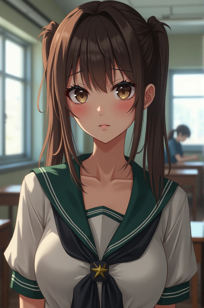 (Very realistic photos, concentrate、High resolution, Detailed face, Beautiful Eyes), ((Shooting in the classroom))、Japanese women, high school girl、18-year-old,  Upper Body、alone,Slim figure, Mr.々Hair style,、 Only one person is in the photo、Photographed in natural light、Twin tails、Brown Hair、Staring disdainfully at the camera、Big breasts