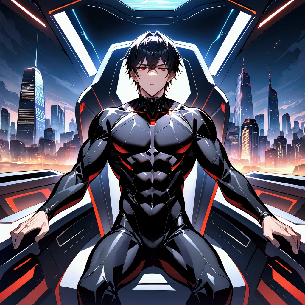 masterpiece, high quality, 4K, HDR,, Muscular anime villain sits in a futuristic robot cockpit. He's a 30-year-old man with short black hair and red eyes, emotionless. His body is covered by a sleek black wetsuit. Subject: Muscular man in black wetsuit BREAK Clothing: black outfit, with a wetsuit. BREAK Pose: Sit in a futuristic cockpit, facing front, straight posture. BREAK Background: High-tech, futuristic cityscape.
