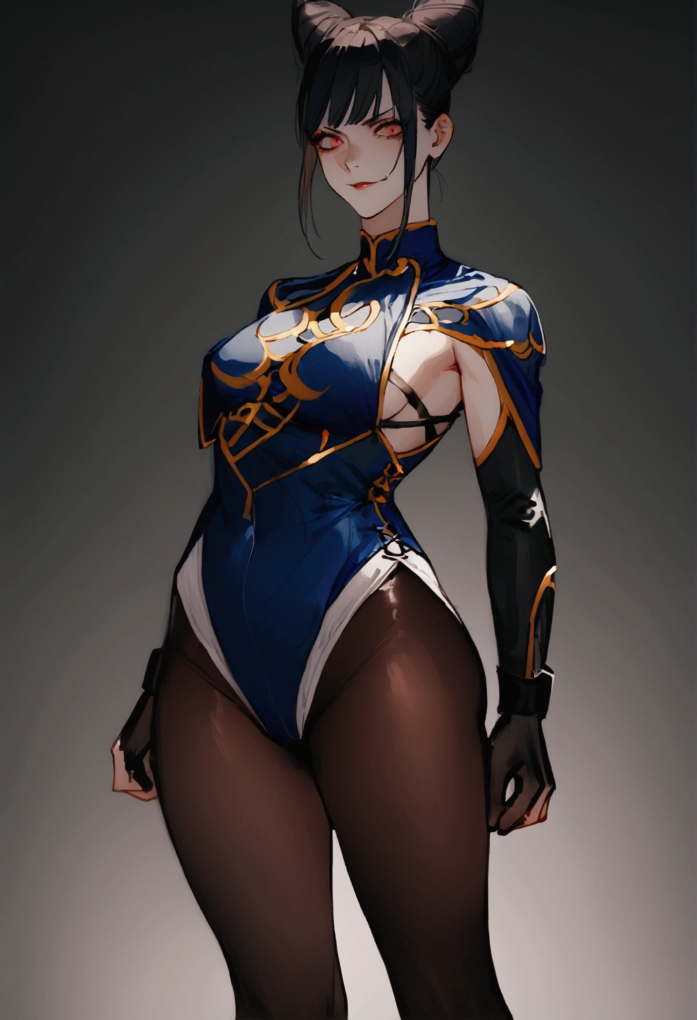 standing alone, work of art, best qualityer, agrias, black costume, collant preto, standing, looking ahead at viewer, shorth hair,Evil smile, evil gaze, Chun-Li,black gloves,blue outfit,yandere face,poor lighting,beautiful eyes,detailed eyes orange lighting,Eyes red,Sexy thighs,Beautiful Tits,pantyhose black,skin-tight outfit,seductiv
