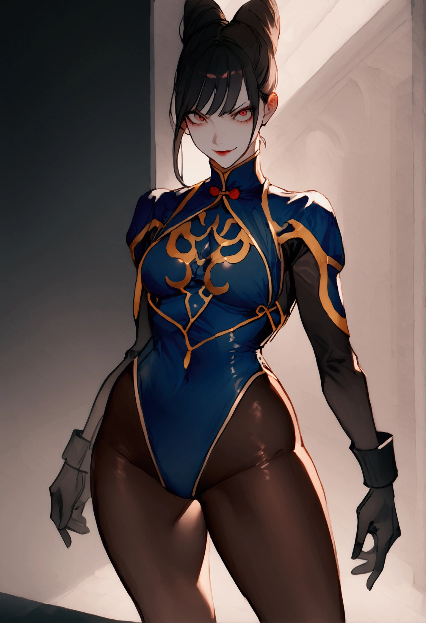standing alone, work of art, best qualityer, agrias, black costume, collant preto, standing, looking ahead at viewer, shorth hair,Evil smile, evil gaze, Chun-Li,black gloves,blue outfit,yandere face,poor lighting,beautiful eyes,detailed eyes orange lighting,Eyes red,Sexy thighs,Beautiful Tits,pantyhose black,skin-tight outfit,seductiv