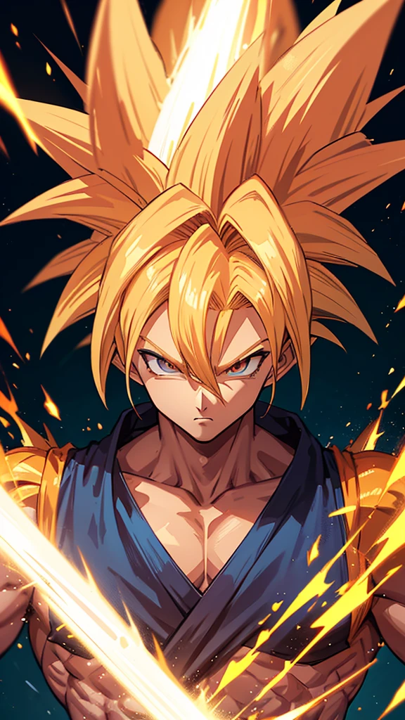 a super saiyan goku, muscular male figure, spiky golden hair, intense glowing blue eyes, glowing aura, dramatic lighting, cinematic composition, 8k, high resolution, photorealistic, hyper detailed, award winning digital art, concept art, dramatic colors, epic fantasy, striking pose