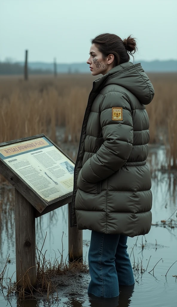 woman, wrapped up in down jacket, information table "RITUAL DROWNING PLACE", flared jeans, stuck in bog, ritual hairdress,makeup.collar only