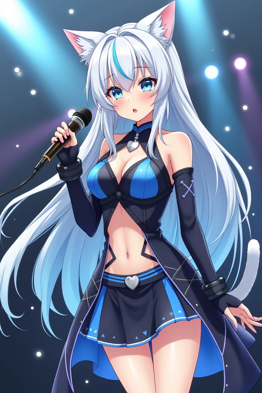 a drawing of a magical girl with anime aesthetics who is an idol with long white hair and cat ears and tail, wearing a short skirt and a modern top with her belly exposed and showing some skin, with a microphone in his hand singing, The dress is very striking and colorful in blue and black tones, with white ears and tail, and the hair has soft light blue highlights, On her neck she has a necklace with a silver heart-shaped plate,  In the background there are lights and sparkles as if I were at a concert
