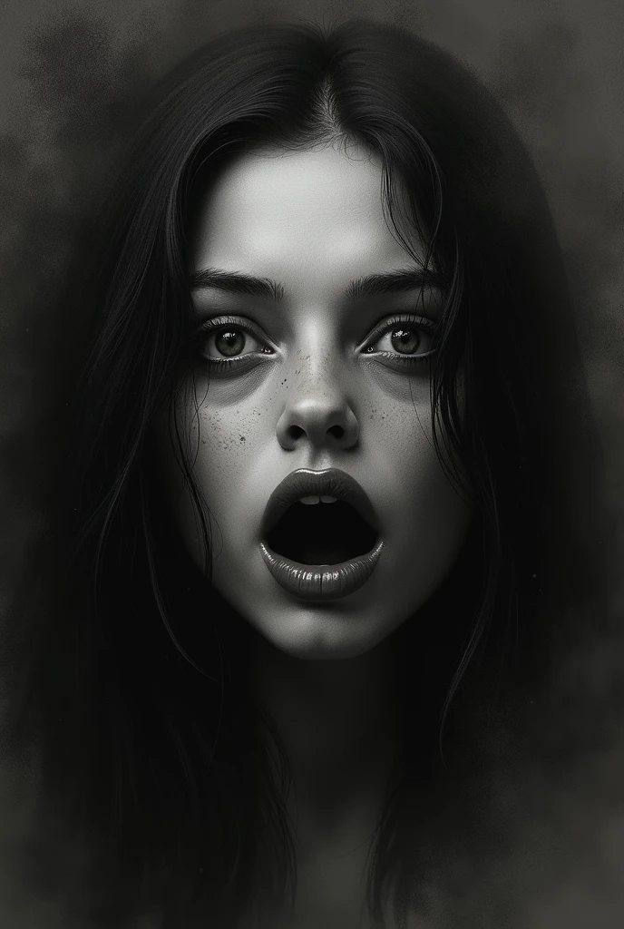Person with open eyes and mouth, dark, made with a blurry pencil