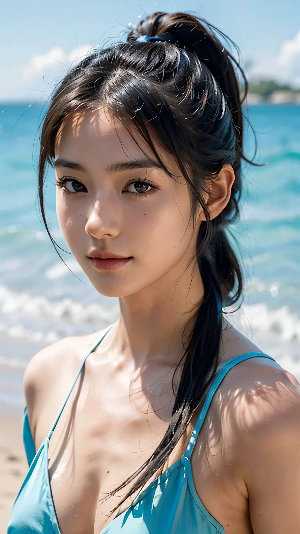 Bust Shot,bikini,outdoor,beach,Body in front,masutepiece, The highest image quality, High quality, the background is clear,Beautiful woman, Japanese, Detailed, Ultra-detailed, finely detail, hight resolution, 8K Wallpaper, Perfect dynamic composition, Beautiful detailed eyes ,Detailed eyes, Detailed skin, Beautiful skin, 超hight resolution, (reality: 1.4),Very beautiful woman, Slightly younger face, Beautiful skin, slender, (Ultra photo realsisim), (hight resolution), (8K), (Very detailed) (beautifully detailed eyes), (super detailed),   (Detailed face), view the viewer, Fine details, Detailed face, Staring straight ahead, Staring straight ahead, photos realistic, Bright lighting, Professional Lighting, Black hair,poneyTail,a baby face,sixteen years old,Hairstyle: ponytail,Long ponytail hairstyle,slight smile,
