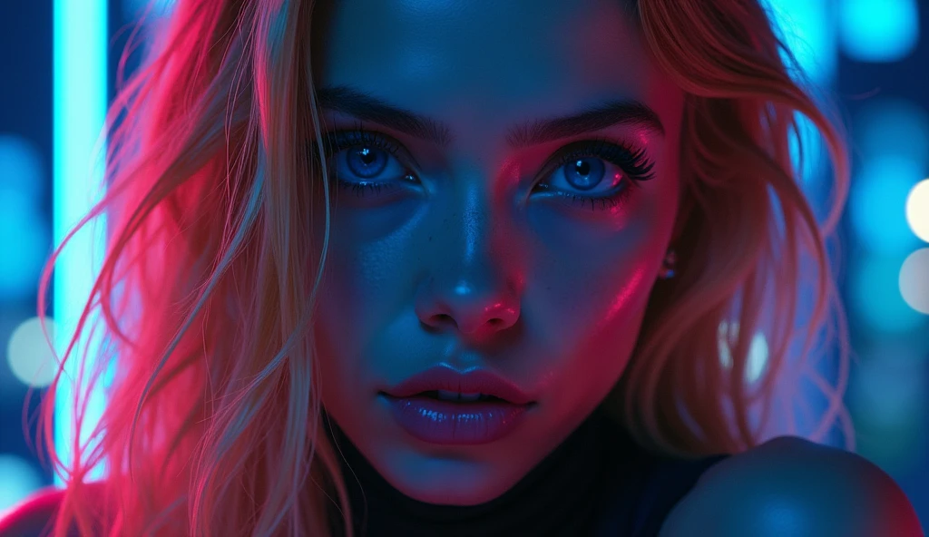 ((best quality)), ((​masterpiece)), (detailed), ((background Cyber)), wet look, ((blond long Hair)), ((Intricate detailing, in the night time, Contre-Jour, random neon color, View from afar, random pose, blue bodysuit, face focus, hell picture, light face))