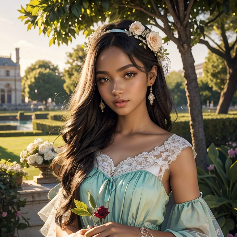 (​masterpiece, best quality:1.5), highest quality, High resolution, super detailed, Realists, Upper body photo of a black flower girl, black skin, detailed and beautiful eyes, beautiful detailed lips, very detailed eyes and face, longeyelashes, Young girl in a short dress made of shiny satin fabric, Beautiful and colorful makeup, elegant and noble々Pose,shiny satin headband, grind, Holding flowers, Gardens as background, soft daylight, bright colors, fine brushstrokes, Portrait style, Noble details in the dress fabric, beautiful color palette, glowing skin, First-class rendering, that captures every detail, enchanting atmosphere, subtle shadows and lights, (perfect anatomy:1.2), (The two stunning flower girls in green and red dresses held a long silver flower stick with a bow. Exchange glances.  (magnificent panorama view:1.2)
