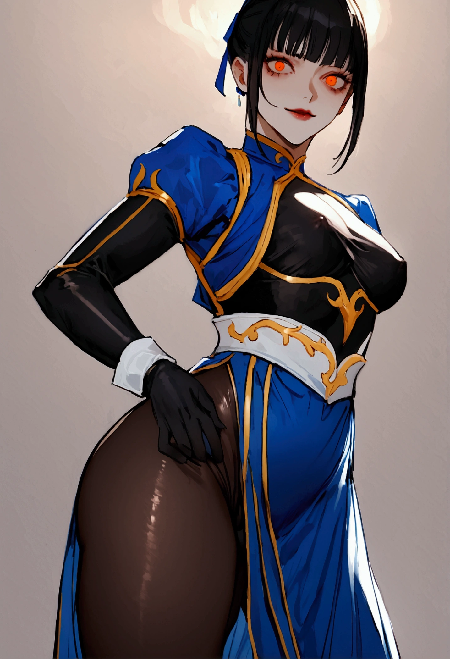 standing alone, work of art, best qualityer, agrias, black costume, collant preto, standing, looking ahead at viewer, shorth hair,Evil smile, evil gaze, Chun-Li,black gloves,blue outfit,yandere face,poor lighting,beautiful eyes,detailed eyes orange lighting,Eyes red,Sexy thighs,Beautiful Tits,pantyhose black,skin-tight outfit,seductiv