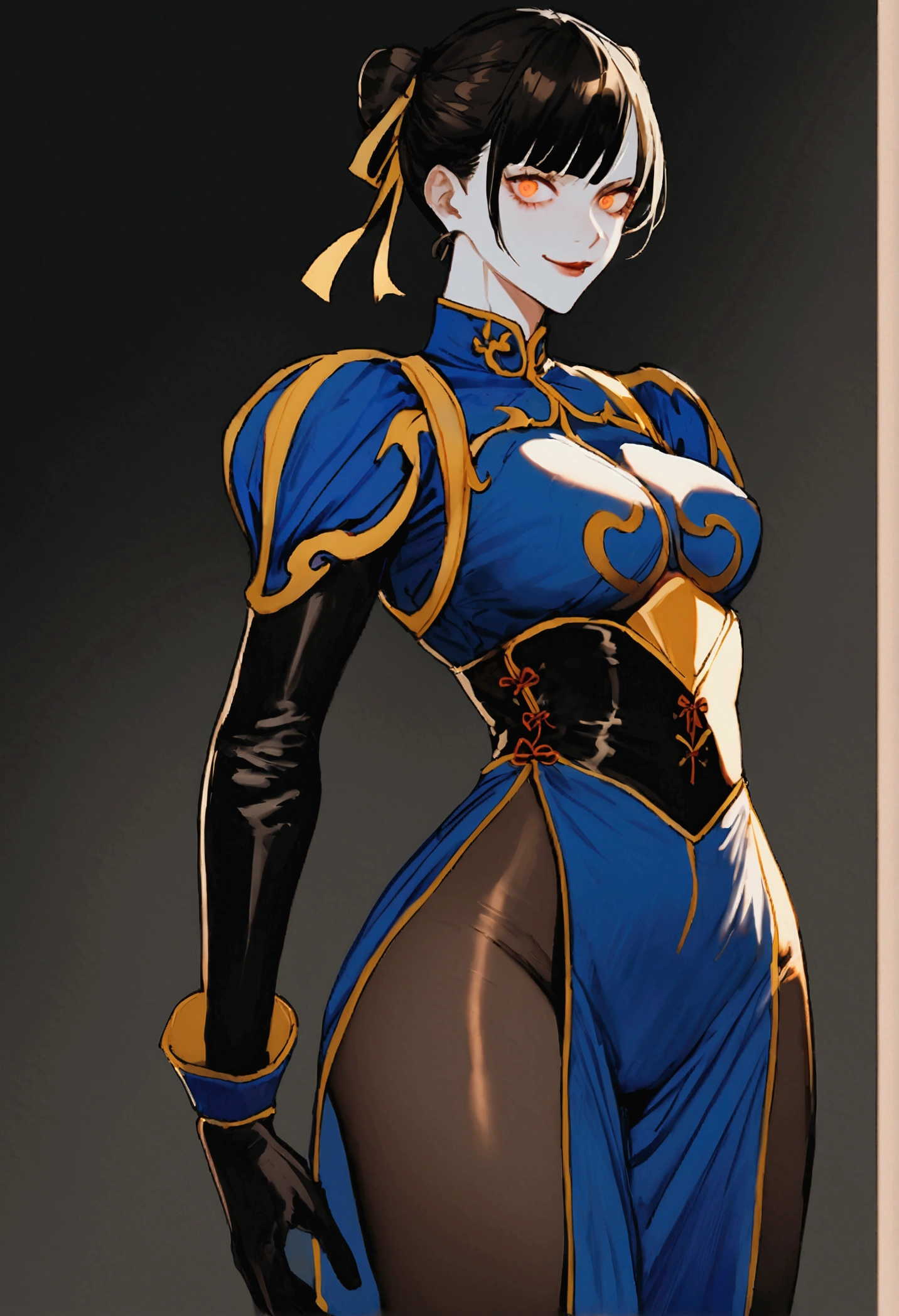 standing alone, work of art, best qualityer, agrias, black costume, collant preto, standing, looking ahead at viewer, shorth hair,Evil smile, evil gaze, Chun-Li,black gloves,blue outfit,yandere face,poor lighting,beautiful eyes,detailed eyes orange lighting,Eyes red,Sexy thighs,Beautiful Tits,pantyhose black,skin-tight outfit,seductiv
