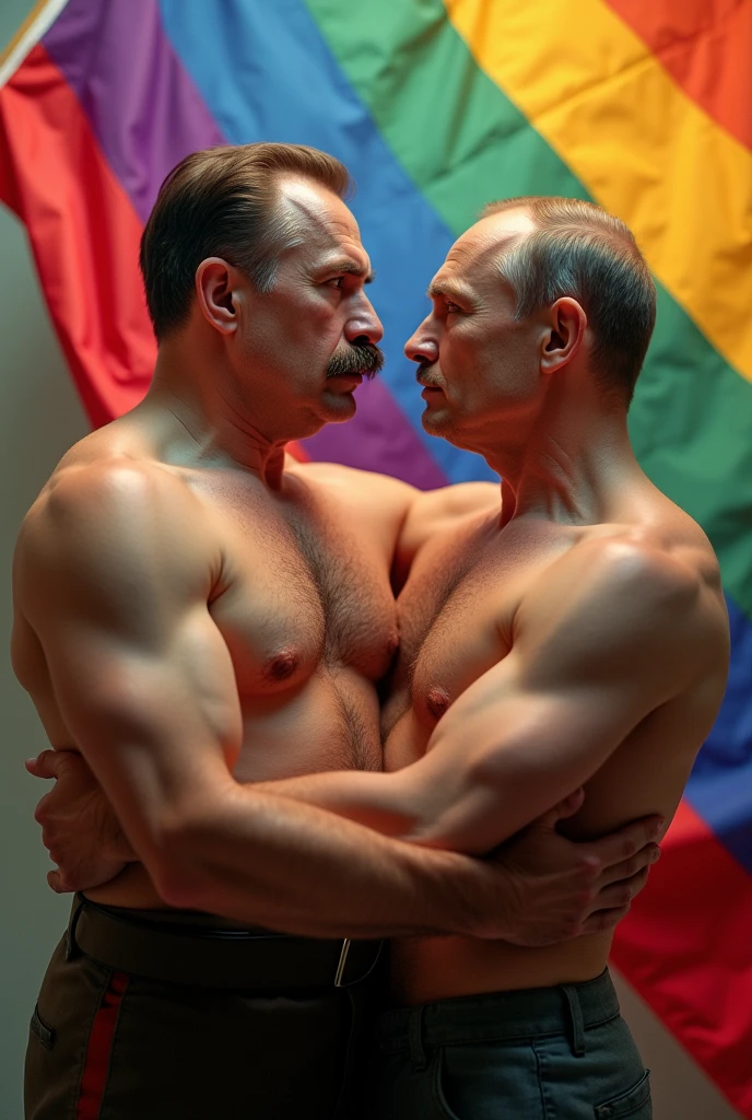 Stalin kissing Putin with rainbow flags in the background while both are shirtless