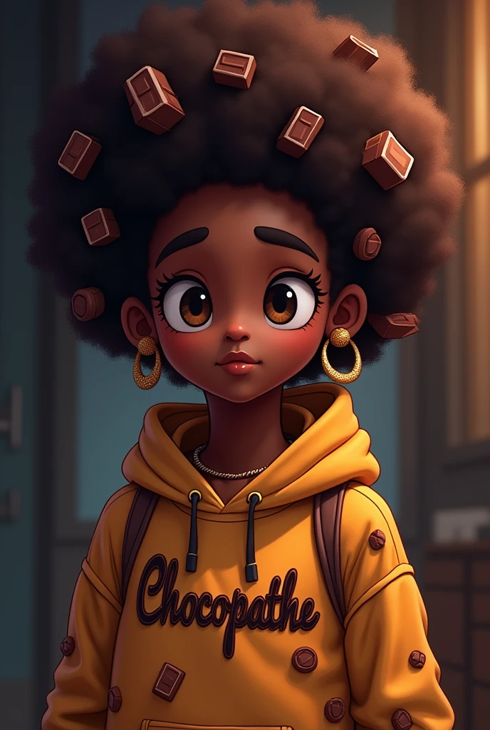 illustration of a cool profile picture avatar with a blank expression, with chocolate themed accessories on her Afro hair, brown skin, a white hoodie with chocolate prints saying "Chocopathe" and cute chocolate themed accessories, and with a dark background and backlighting, animeted style 
