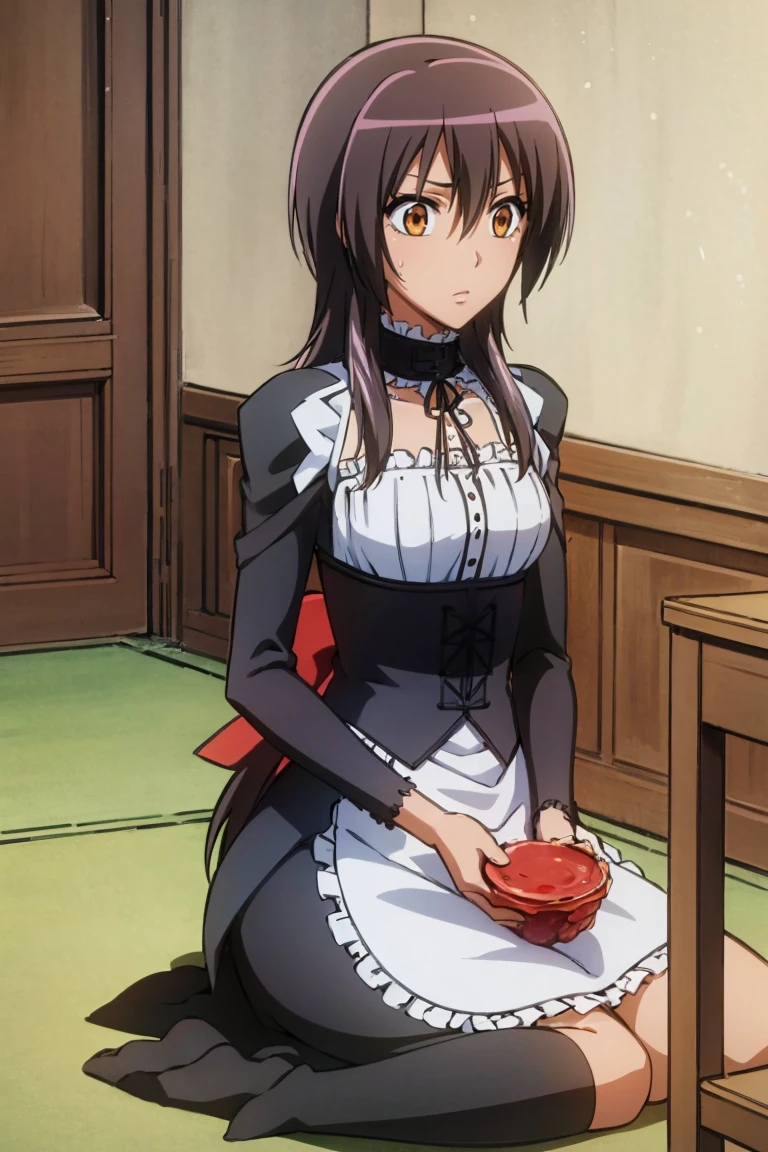 (Very detailed CG ユニティ 4k 壁紙),(masterpiece),(Highest quality),(Very detailed),(Best illustrations),(Best Shadow),(Absurd),(Detailed Background), Misaki Ayuzawa, One girl, alone, Maid clothes, Day, Black Hair, Long Hair, Brown eyes, On all fours、Chain Lead、Animal Collars, chain leash, collar, viewer holding leash, medium breasts, 