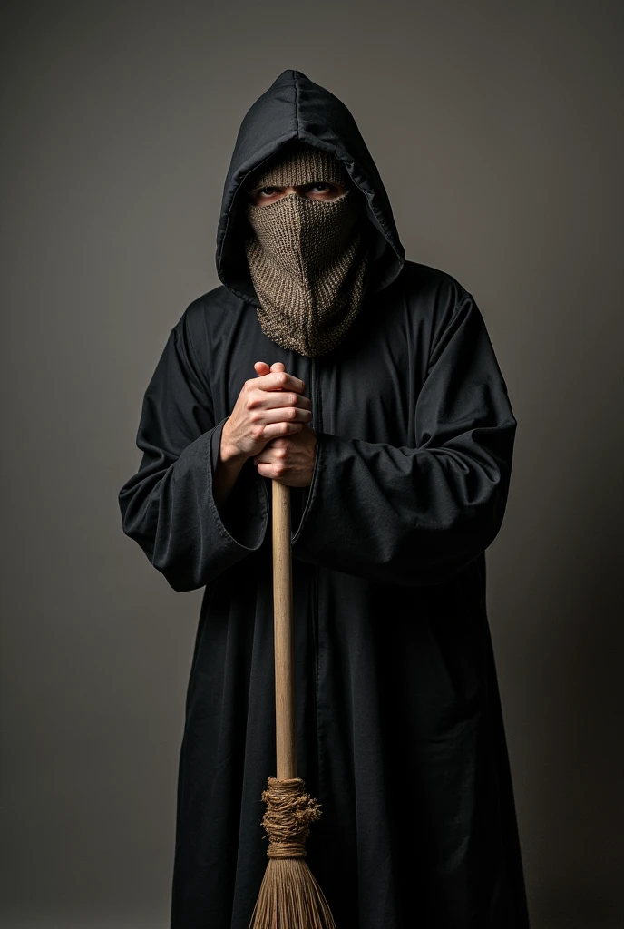 man with his face covered, holding a broom
