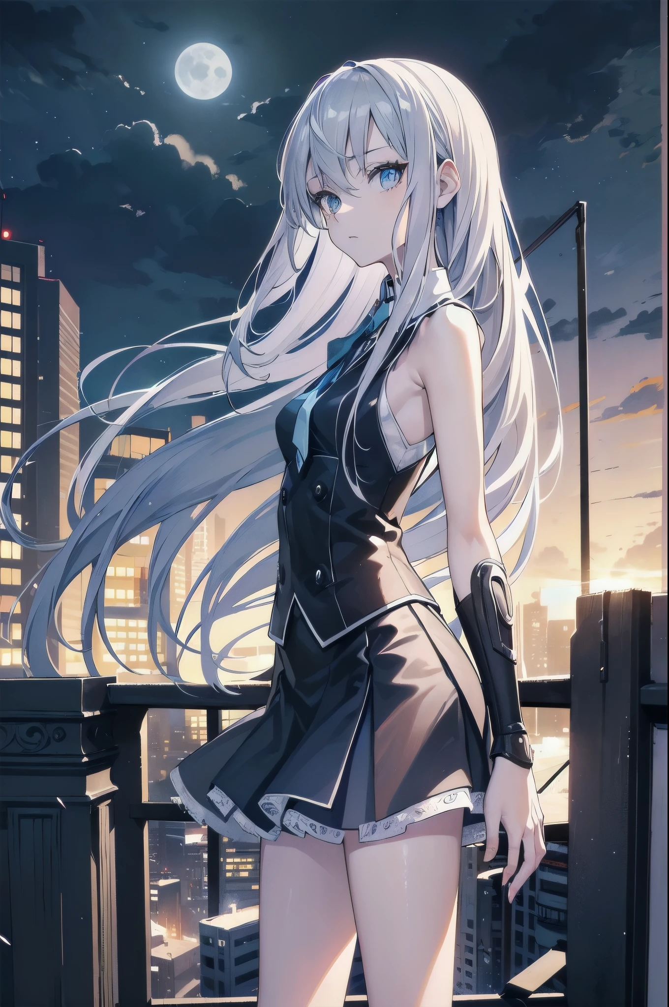 ((masterpiece)), ((best quality)), ((best illustration)), ((ultra-detailed)),((photorealistic color)), 1 lady, solo, ager, absurdly long hair, silver hair, straight hair, ((blue eyes)), ((hyper detailed eyes)), ((hyper detailed face)), gloomy face, holding cybernetic spear, lonely, looking at viewer, business suit, ((sleeveless)), ((miniskirt)), bare legs, thin body, thin arms, long arms, standing, cowboy shot, side view, rooftop, skyline, urban, night, moonlight, backlight
