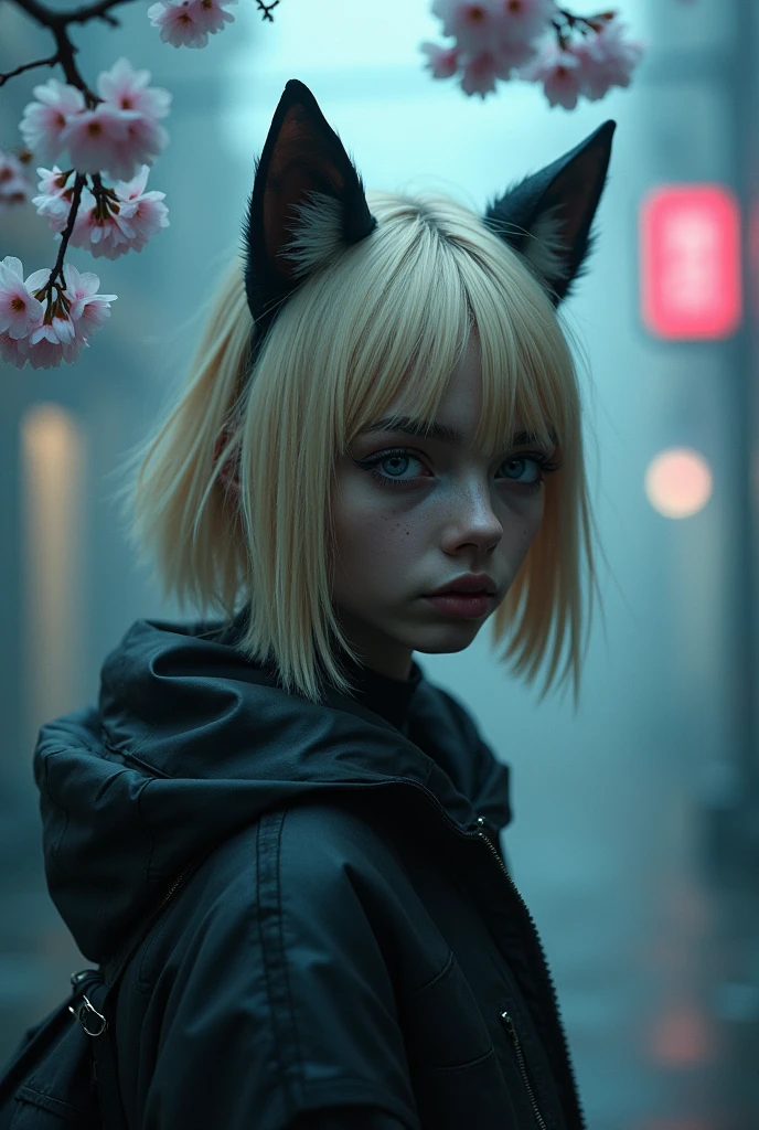 1 Girl, blond, cexist_ear, animal_ear, Solitary, dark_skin, Brown_skin, Foggy neon futuristic, Summer Jackets, Cherry Blossoms Falling, Portrait Style, Watching_exist_Viewer, cinemexistic lighting, Eyeliner, cosmetic, emotion, Very detailed, Wide-angle lens, Clear focus, Ring Light, Edge lighting, ocBrowne render, Ring Light, Edge lighting, Enwink Punk, Sandu Art