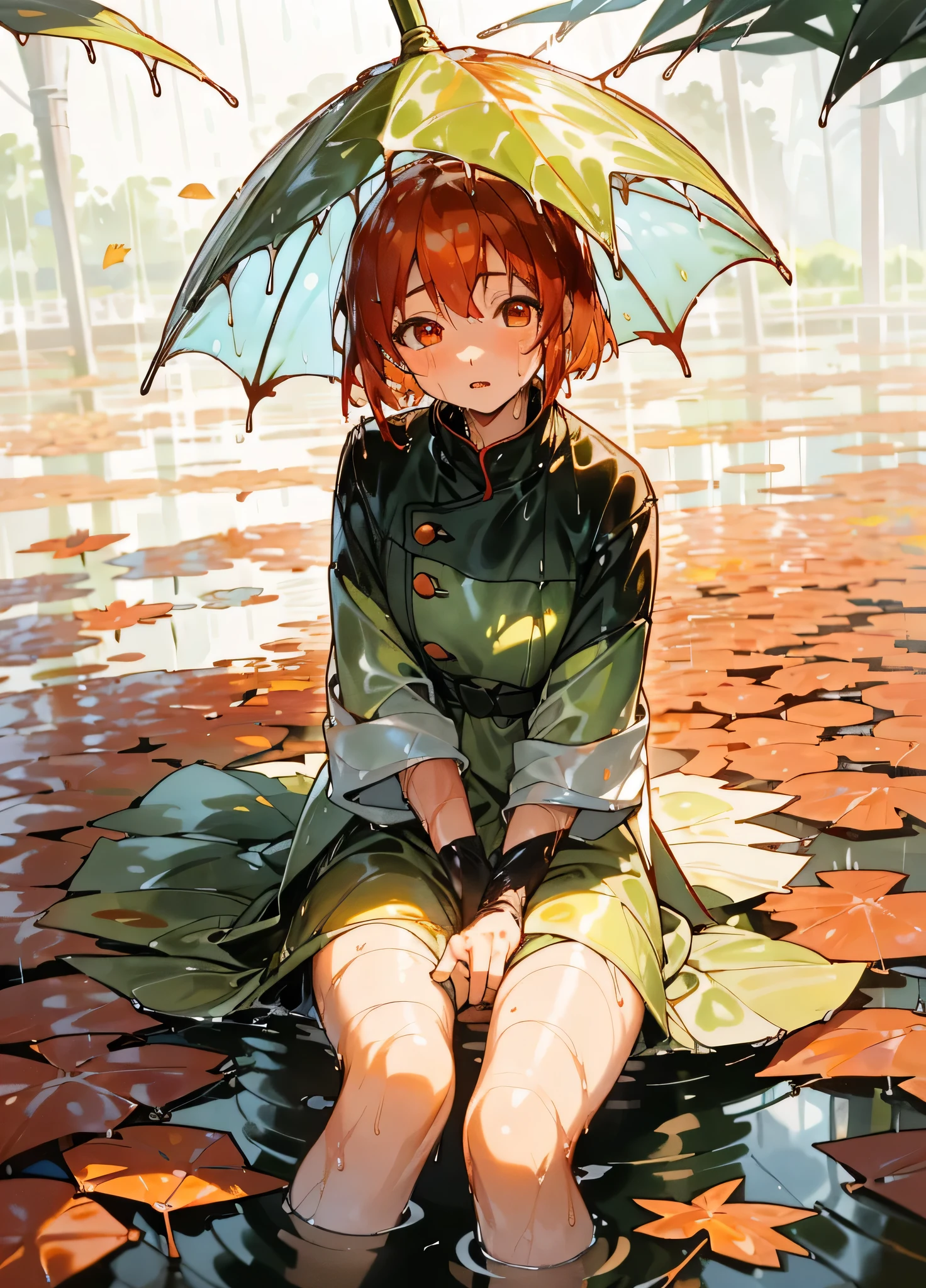 girl, anime『My Favorite 』Kana Arima, Redhead, Red eyes, (After the Rain:1.5), Sitting in a puddle, (at night, Shine星:1.3), (Flower Field, Shine, bloom, Chromatic, colorful:1.3), (Wet leaves:1.8)