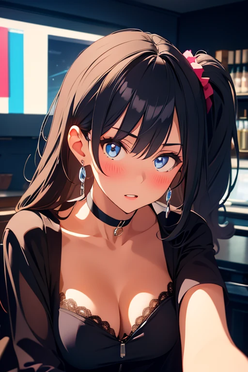 32K, anime style girl, shiny jet black hair, with side ponytail, crystal blue eyes, daring 25 years, busty, neckline, (black bra), bloomed shirt , white shirt, mini skirt, of skin, with open mouth, lips parted, (blush:1.3), looking tantalizingly at the viewer, in front of the viewer, Living room background, leaning forward on the table, (to throw), bright Eyes, collar, earrings, wearing black choker, NSFW, in a nightclub with neon lights.