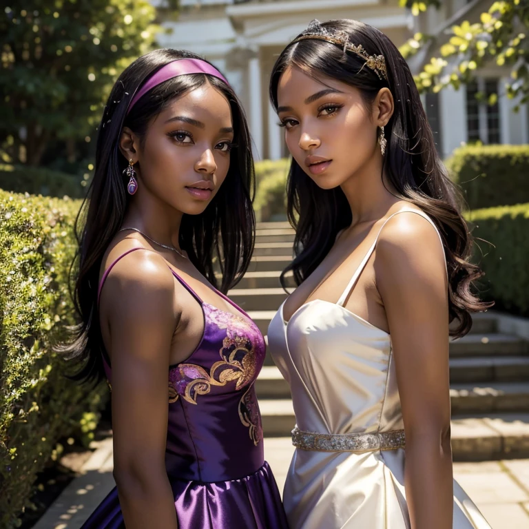 (​masterpiece, best quality:1.5), highest quality, High resolution, super detailed, Realists, Full body photo of black woman, dark black skin, long open straight hair, detailed and beautiful eyes, beautiful detailed lips, very detailed eyes and face, longeyelashes, Woman in purple and pink evening dress made of shiny satin fabric, Beautiful and colorful makeup, elegant and noble々Pose, Satin headbands and jewelry, Gardens as background, soft daylight, bright colors, fine brushstrokes, Portrait style, Plain dress fabric, beautiful color palette, glowing skin, First-class rendering, that captures every detail, enchanting atmosphere, subtle shadows and lights, (perfect anatomy:1.2), (Two stunning women with their mouths open, Surprised look. 