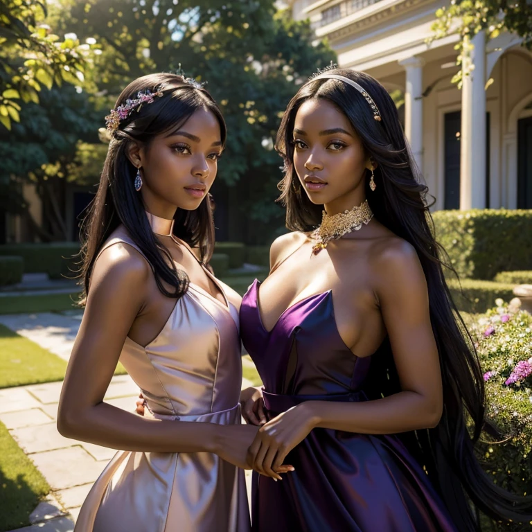 (masterpiece, best quality:1.5), highest quality, High resolution, super detailed, Realists, Full body photo of black woman, dark black skin, long open straight hair, detailed and beautiful eyes, beautiful detailed lips, very detailed eyes and face, longeyelashes, Woman in purple and pink evening dress made of shiny satin fabric, Beautiful and colorful makeup, elegant and noble々Pose, Satin headbands and jewelry, Gardens as background, soft daylight, bright colors, fine brushstrokes, Portrait style, Plain dress fabric, beautiful color palette, glowing skin, First-class rendering, that captures every detail, enchanting atmosphere, subtle shadows and lights, (perfect anatomy:1.2), (Two stunning women with their mouths open, Surprised look.