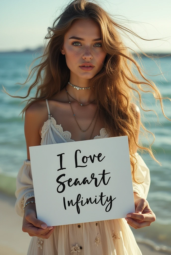 Beautiful girl with wavy long hair, bohemian dress, holding a white board with text "I Love Seaart Infinity" and showing it to the viewer