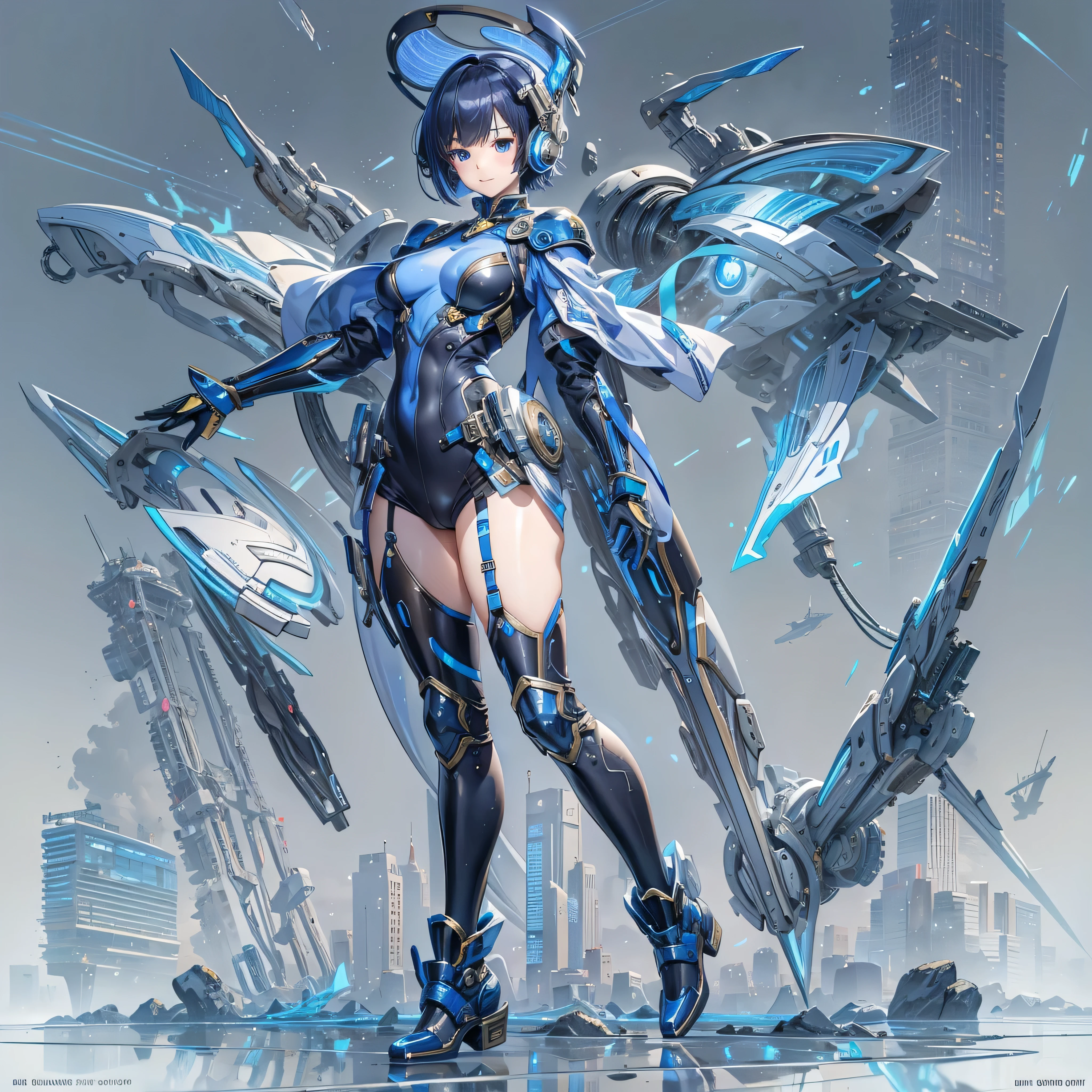 (masterpiece、Highest quality、Highest Resolution、Clear_image、Detailed details、Angle from above): (Whole body、One 20 year old girl、Japanese Faces、Small Face、Slender、Navy blue super short bob cut hair、(Hidden small breasts:1.3)、Sparkling blue eyes、Shiny pilot suit in blue and black colors、Chest protection armor、Tight fitting clothes、Clothing that covers the whole body、Glamorous clothes、Tight Fit Pants、Hide your skin、Very delicate and beautiful、Detailed Skin、hide thighs、Hide your ass、Cute、A gentle smile、Soft expression、heroine、headset、Knee-high boots、Elbow-length gloves、Eye Level Shot、Face directly、Woman on a spaceship)