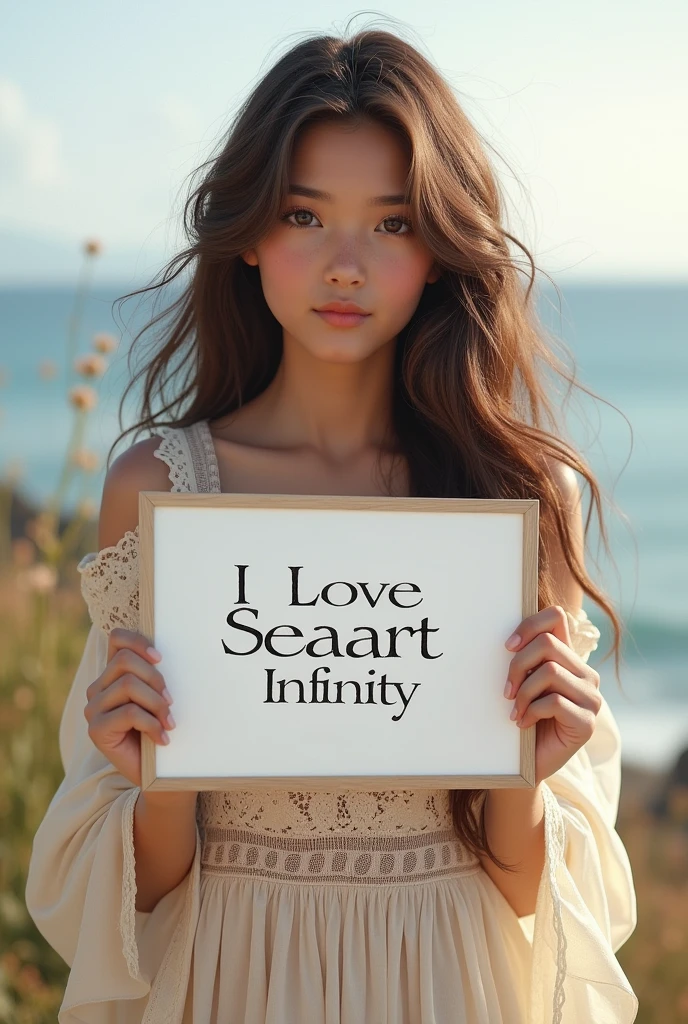 Beautiful girl with wavy long hair, bohemian dress, holding a white board with text "I Love Seaart Infinity" and showing it to the viewer