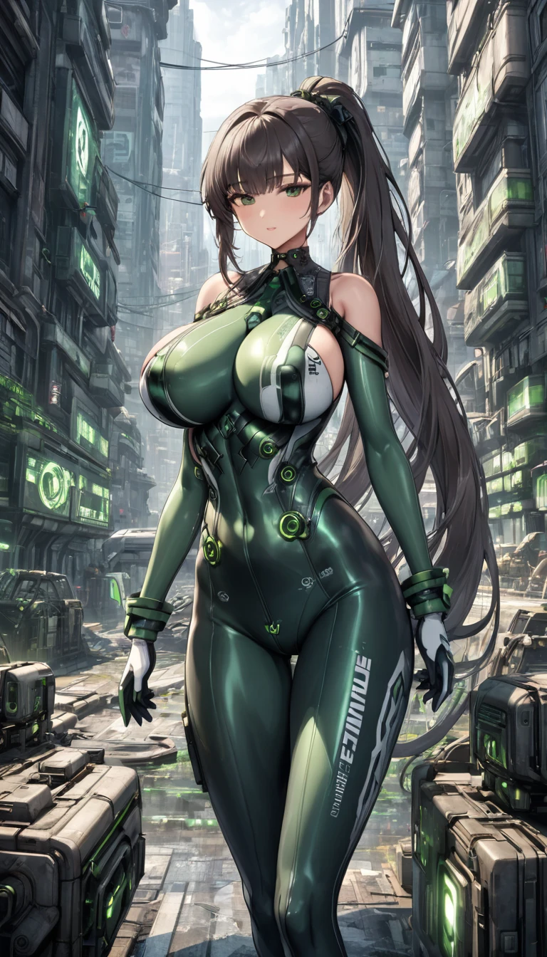 Eve with huge breasts with very long hair with a ponytail in a tight suit with green technological decorations in a dystopian city 