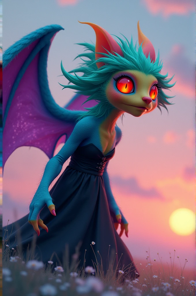 Red eyes, orange mouth, yellow nose, green hair, blue body, purple wings, pink sky, black dress, white grass and beautiful sunset