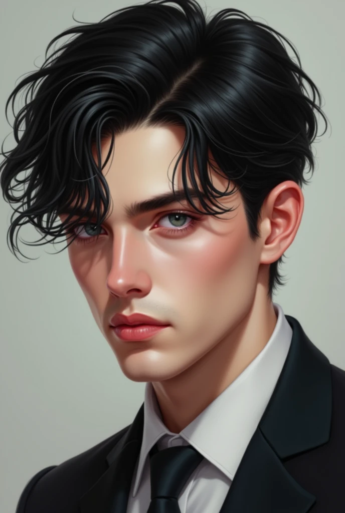 A handsome man with jet black hair and a sweet face with snow white skin