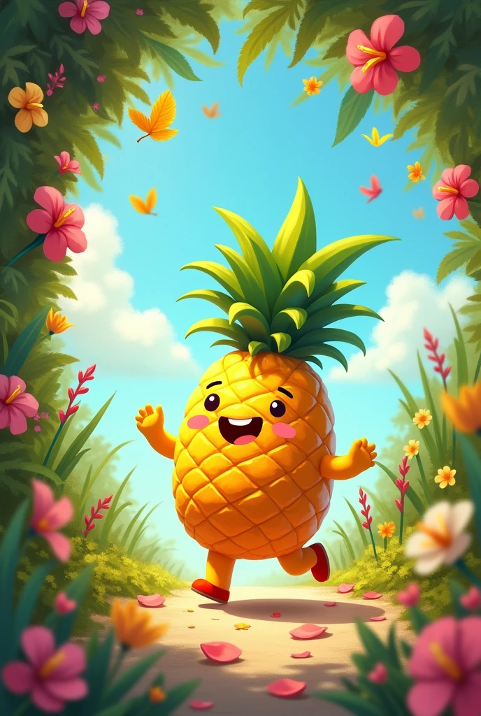 Side pineapple smiling and walking under the flowers
