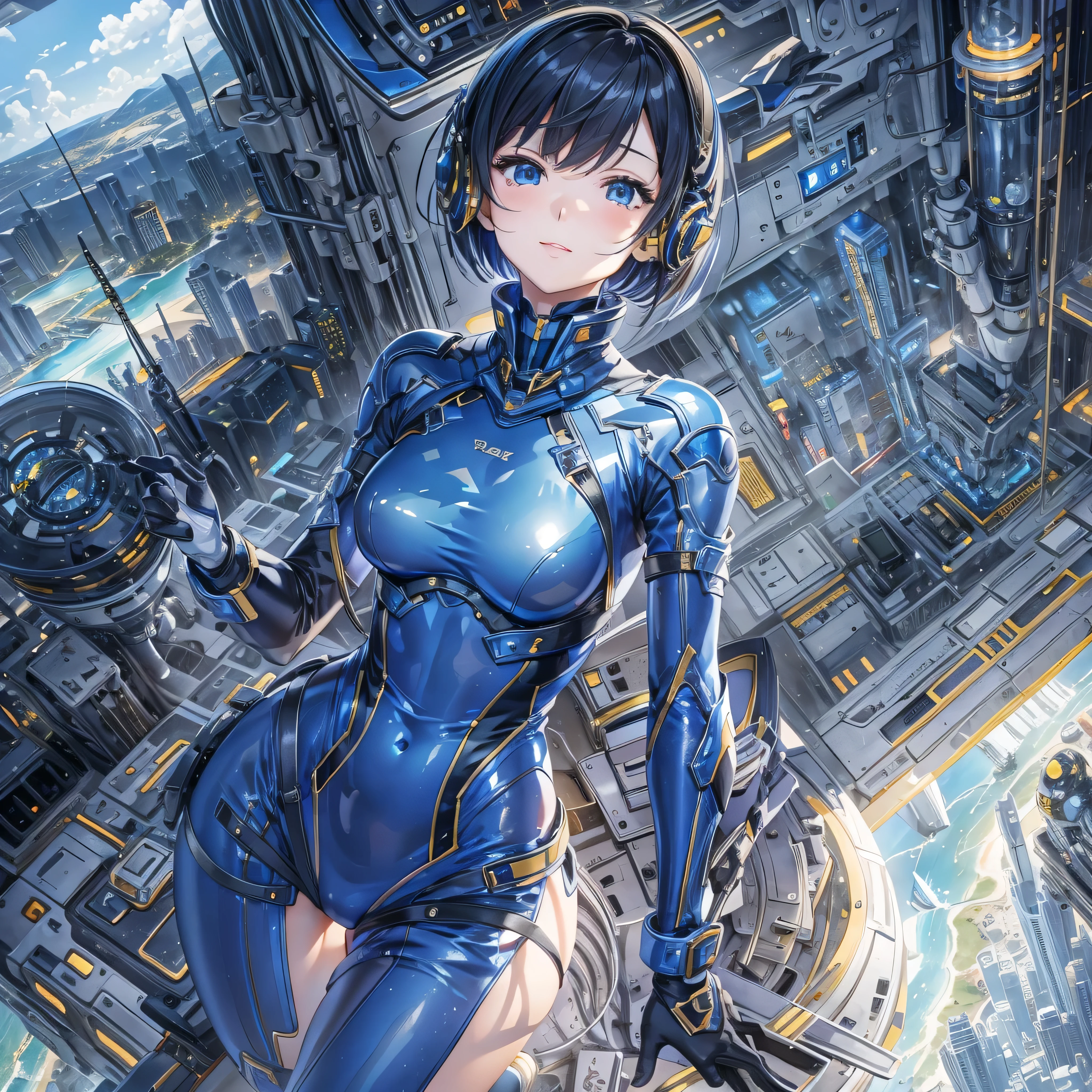 (masterpiece、Highest quality、Highest Resolution、Clear_image、Detailed details、Angle from above): (Whole body、One 20 year old girl、Japanese Faces、Small Face、Slender、Navy blue super short bob cut hair、(Hidden small breasts:1.3)、Sparkling blue eyes、Shiny pilot suit in blue and black colors、Chest protection armor、Tight fitting clothes、Clothing that covers the whole body、Glamorous clothes、Tight Fit Pants、Hide your skin、Very delicate and beautiful、Detailed Skin、hide thighs、Hide your ass、Cute、A gentle smile、Soft expression、heroine、headset、Knee-high boots、Elbow-length gloves、Eye Level Shot、Face directly、Woman on a spaceship)