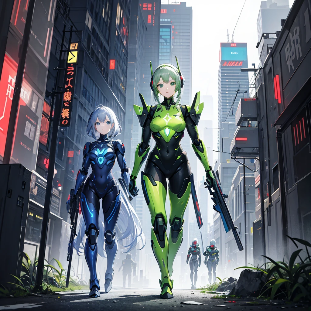 Anime girl in silver and green robot armor walking down the street holding a rifle in her right hand, A girl wearing silver mecha cyber armor, Cyberpunk Anime Girl Mecha, Perfect android girl, Android Heroine, Female Mecha, biblical Female Android, Mechanized Soldier Girl, beautiful Female Android!, Cyber Suit, Cyberpunk Anime Girl, broken beautiful Female Android!, Female Android, Wearing sci-fi military armor、Decayed City、Beautiful girl face 1.5、1 with a glowing green sword in his left hand.5