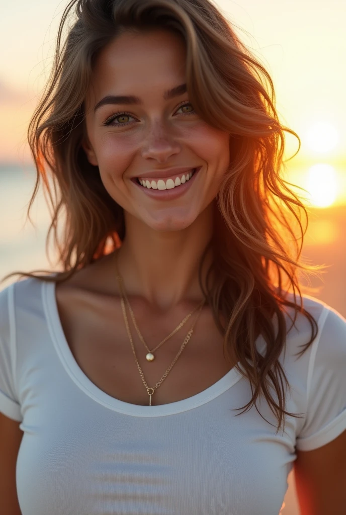 (masterpiece, photorealistic:1.4, extremely intricate:1.3, radiosity, photon mapping, dtx, 8K), ((((closeup necklace, white t-shirt, humid, [small breasts:small breasts:1.0])), humid, [skin detail:freckles:0.1], natural, 25 year brunette, brown eyes, smiling happy, fitted supermodel), beach, ((sunset, shiny, clean)))
