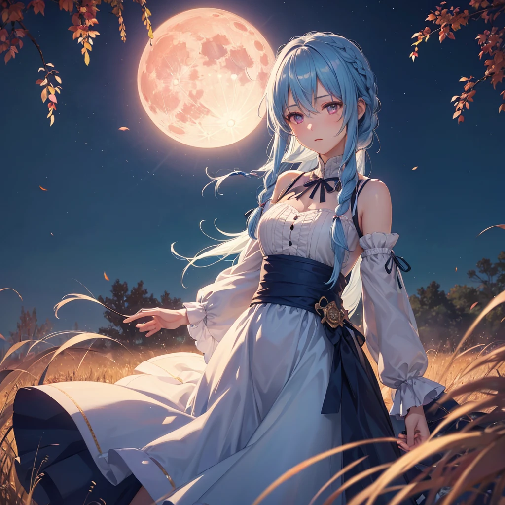 (Braiding),(Sky blue hair), (Pink eyes),(Fair skin) ,(whole body),(One Girl),(harvest moon),(A large amount of Miscanthus sinensis in the background),autumn,(full moon),(masterpiece, Highest quality, Very detailed, Best Shadow), (Detailed Background), (Beautifully detailed face), High Contrast, (Best lighting, Very delicate and beautiful), ((Cinematic Light)), Hyper Detail,8k, Dramatic Light, Intricate details