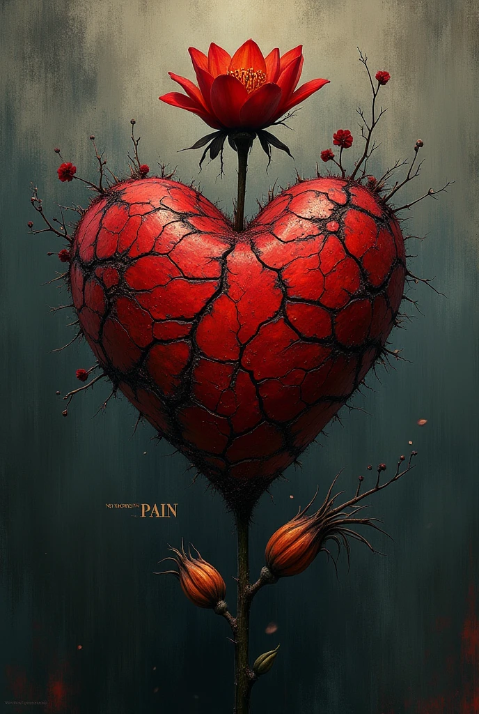 Give me a youtube thumbnail for an album cover type... NO MORE PAIN and a damaged cracked heart and a burnt flower on it