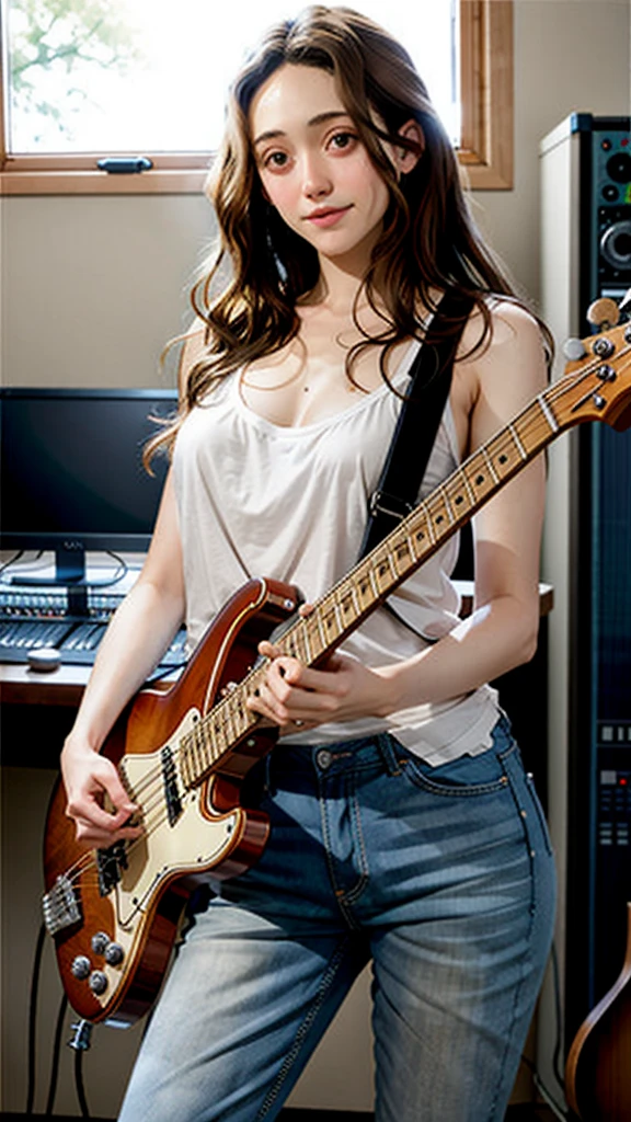 (Emmy Rossum), Long Straight Hair, Big Breasts, Sexy,1girl,solo,
Electric bass, jamming studio 
 