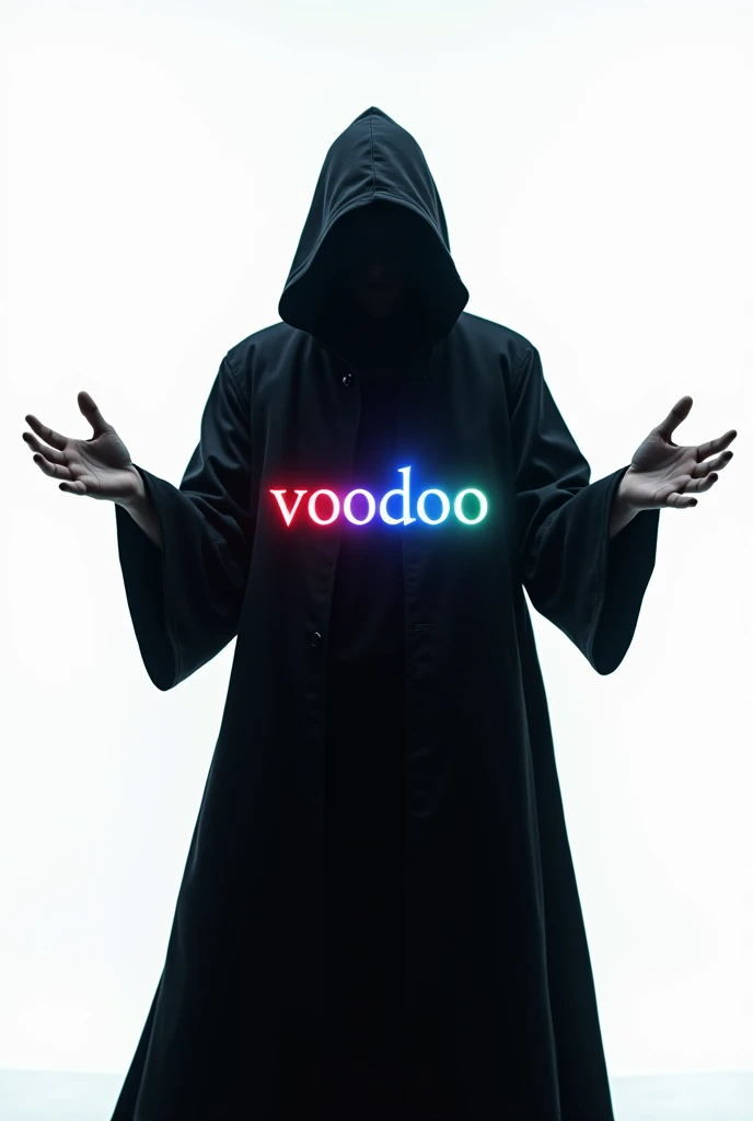 A whit background, a man wearing a long black headed funky coat with his face hidden completely, his shadow is on the wall behind him, he looks like a sorcerer practicing black magic, feels like a Live Photo, and there is a word between his wide open hands as colored Voodoodates word being an ad for an international brand as he is practicing magic with this word