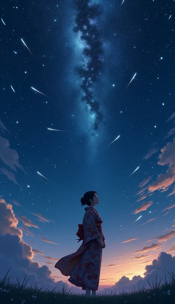 A cute 25-year-old girl in a kimono watches the night sky full of stars and a meteor shower, and the mysterious night sky