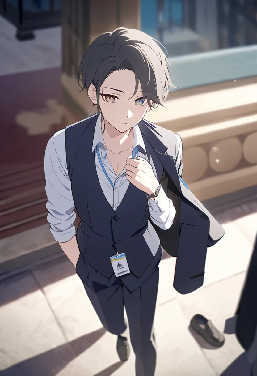 masterpiece,best quality,depth of field,8k,looking down at the viewer,man,dark gray hair,brown eyes,(charismatic eyes 1:1),chic,Blue Eyes,wseifuku,Wearing a white shirt,Dress pants,Oxford shoes,Wearing a suit vest,Holding the suit jacket in his hand and draping it over his shoulder,alone,Wearing an employee ID around his neck,