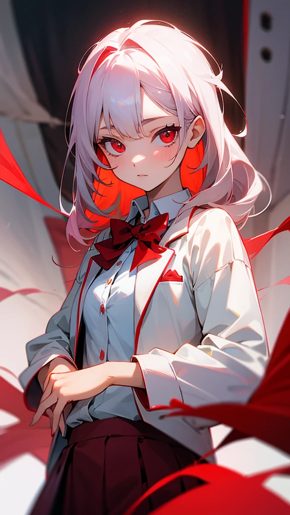 Cute girl in white shirt and red velvet jacket and red eyes in room