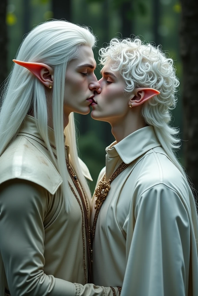 Two male elves with a pale skin. One is beautiful man with a short white curled hair, elven ears and red eyes. He is kissing another elf, a male with long white hair and silver eyes, his cheekbones wide and his nose aquiline. Both males appeared to be about 40