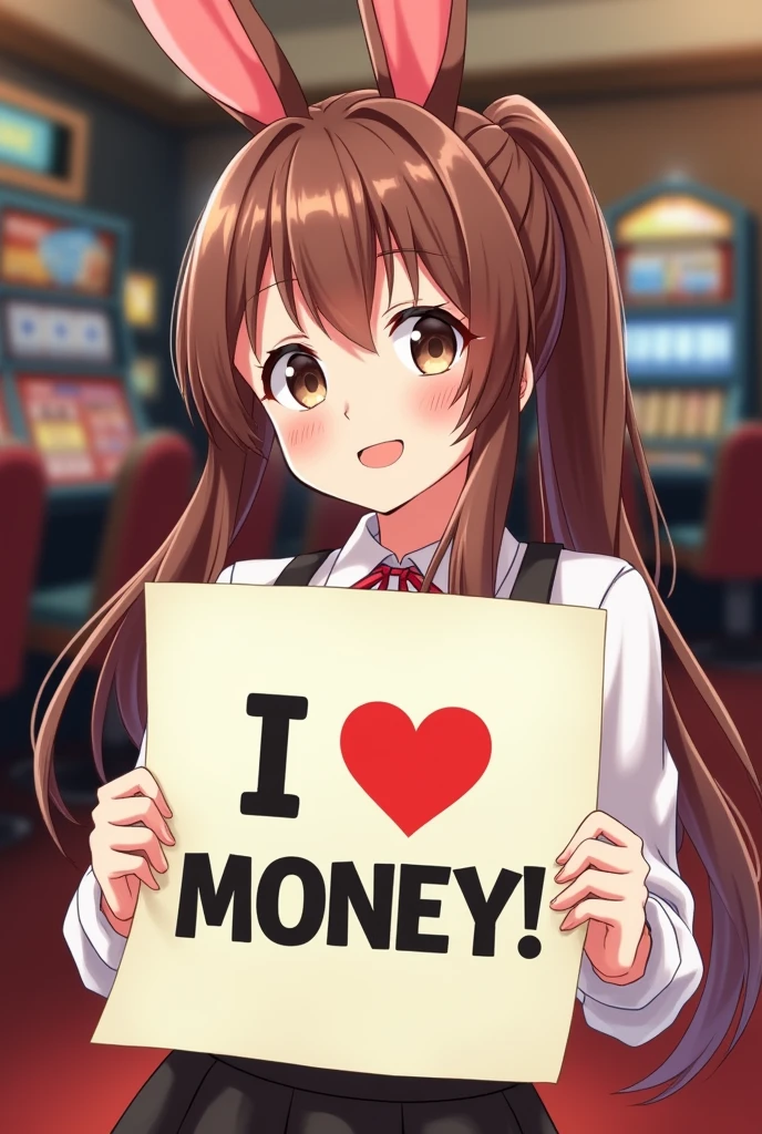 A poster with the words "I ♡ MONEY！".  a beautiful bimbo holding the poster, beautiful girl, cute, Brown Hair, Bunny girl:1.5, Casino background, Long Hair, ponytail, Anime Style