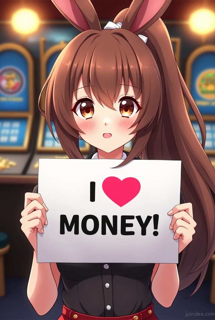 A poster with the words "I ♡ MONEY！".  a beautiful bimbo holding the poster, beautiful girl, cute, Brown Hair, Bunny girl:1.5, Casino background, Long Hair, ponytail, Anime Style