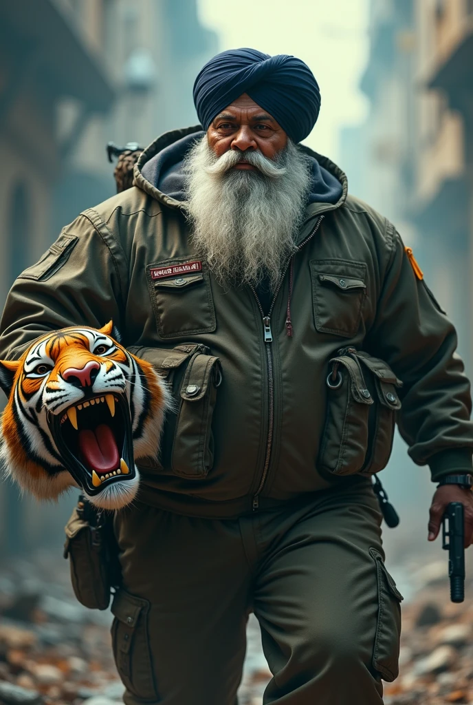 (a dark-skinned fat muscular white bearded sikh old man in a bulky army camouflage zipper diver suit) carrying a gun in right hand, (carrying realistic roaring tiger mask in left hand), dynamic action pose, fierce expression, showcasing an imposing stature, surrounded by military elements, dramatic shadows and intense highlights, cinematic color tones, high detail, powerful, art influenced by Bruce Onobrakpeya and Stanley Artgerm, ultra-detailed, best quality image, action-packed atmosphere. fighting stance