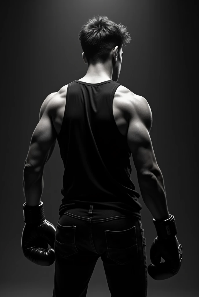 MAKE A PIC IN WHICH A BOY WEAR BLACK JEARSOUE SHIRT AND WEAR BOXING GLOVES of Name MHZ AND NAME BOXER IN BLACK SIDE FROM BACK