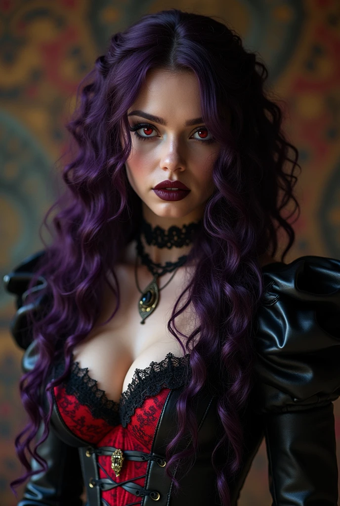 masterpiece, vampire woman, mature 45 years old, red pupils, gothic, with small curls, zigzag shaped curly hair that is marked from the roots to the ends, long to the waist, dark purple color, sexy plunging black leather gothic dress with high detail, crimson corset with lace, intricately detailed background, gothic atmosphere, (HD, 8K Wallpaper, High resolution), prominent bust cup 38D, cinematic lighting, awarded, extremely detailed skin, Extra detailed face, high detail eyes, photorealistic, Zeiss 85 mm F/1.4, by Ellen von Unwerth