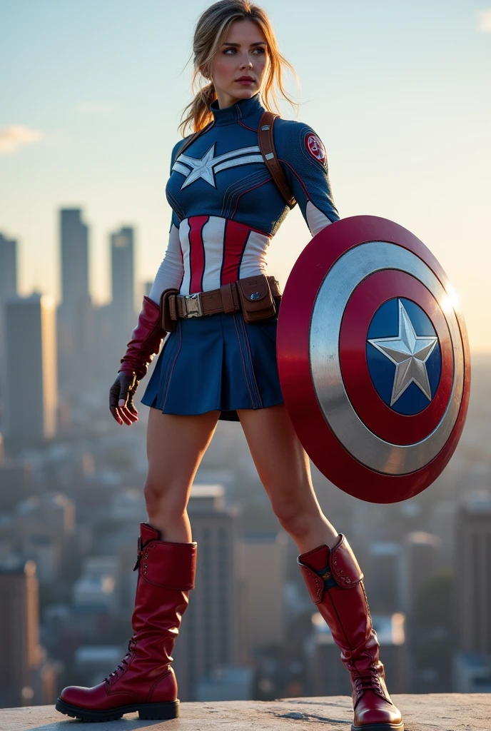 Captain America female version wears a blue bodysuit with white and red accents, a matching blue skirt, a white star emblem on her chest, and red boots. She holds a circular shield with the iconic star and stripes. Her hair is tied back in a practical yet stylish manner, and she stands with the shield raised, ready to defend, Background skyline of a city
